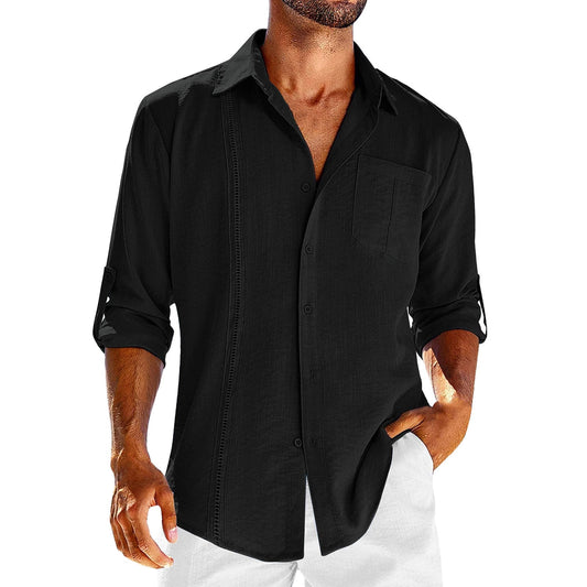 Chemise décontractée à manches longues avec poche, col polo en dentelle, couleur unie, boutons, vêtements pour hommes