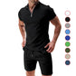 2Pcs Casual Waffle Suit Summer Zipper Lapel Short-sleeved Top And Drawstring Pockets Shorts Versatile Solid Color T-shirt Set For Mens Clothing - Enfance-Heureuse