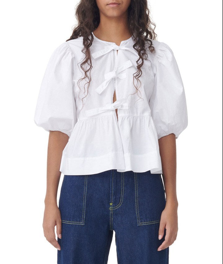 Fashion Printed Shirt Half Sleeve Lace-up Top