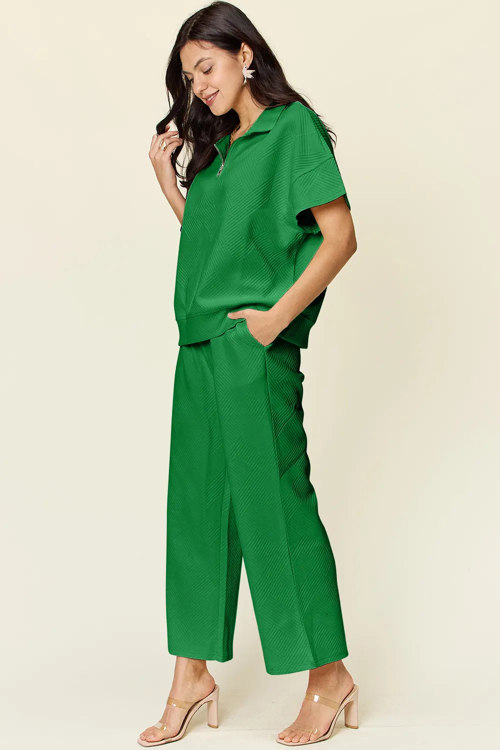 Double Take Full Size Texture Half Zip Short Sleeve Top and Pants Set - Enfance-Heureuse