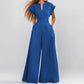 Women's V-Neck Solid Color Short Sleeve Jumpsuit Wide Leg A-Line Waist Tied Casual Summer Outfit - Enfance-Heureuse