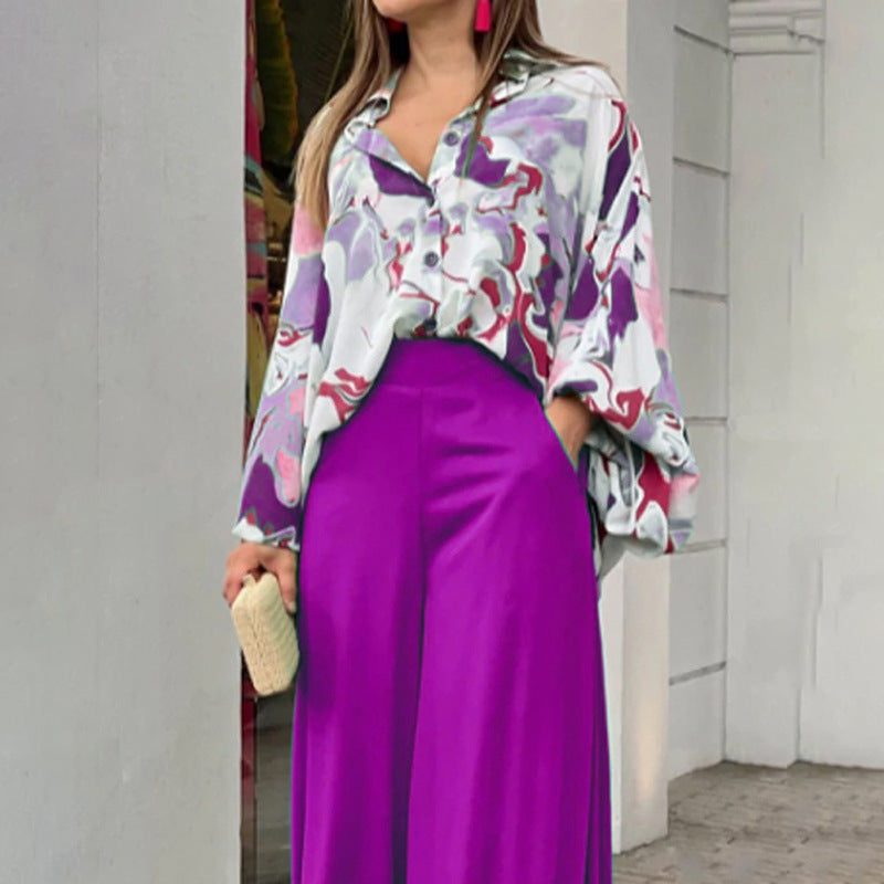 Women's Printed Shirt Wide Leg Pants Fashion Casual Set - Enfance-Heureuse