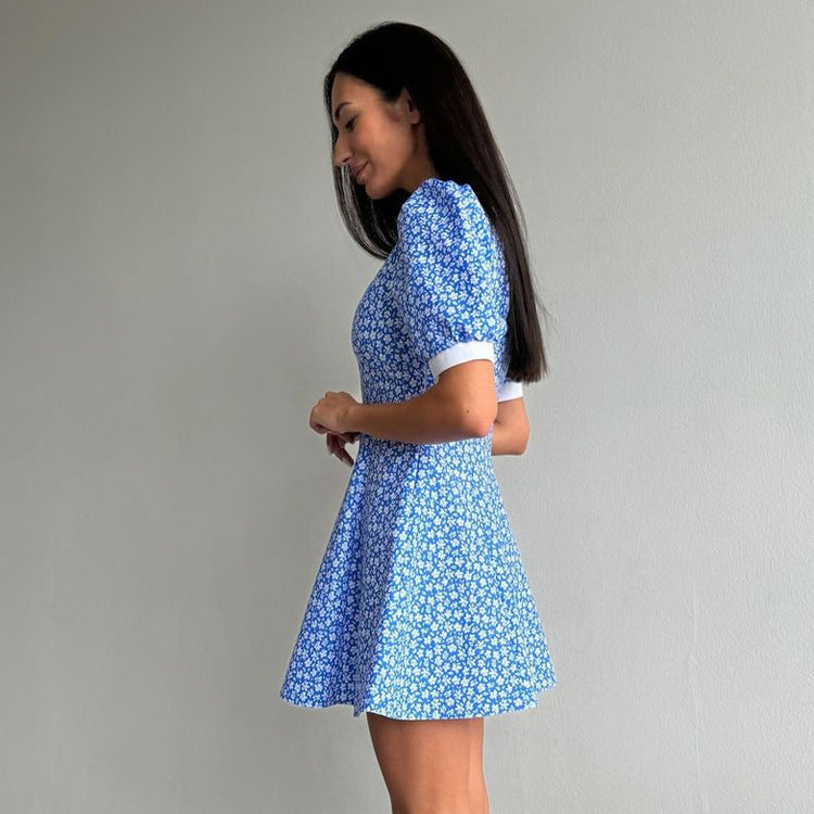 Lapel High-waist Blue Floral Dress - Enfance-Heureuse
