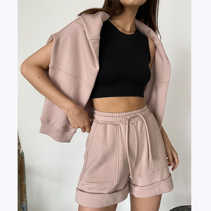 Women's Fashion Casual Solid Color Round Neck Long Sleeve Sweater Shorts Set - Enfance-Heureuse