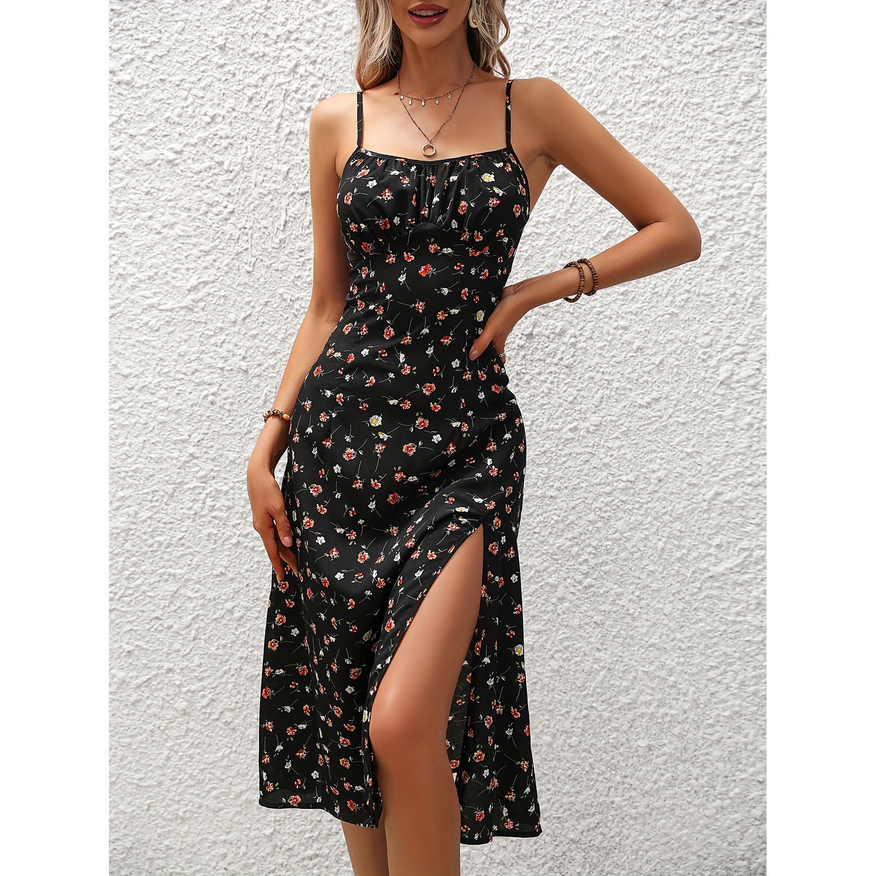 New Polka Dot Print Suspender Dress Summer Sexy Split Long Dresses For Womens Clothing - Enfance-Heureuse