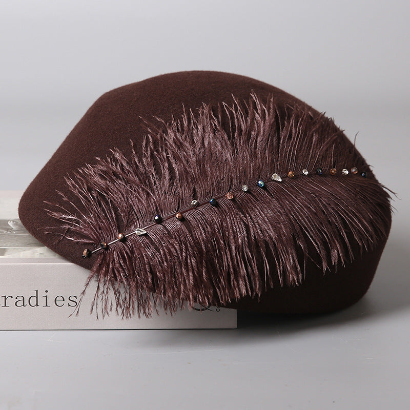Autumn And Winter Retro Style Feather Decorative Wool Beret