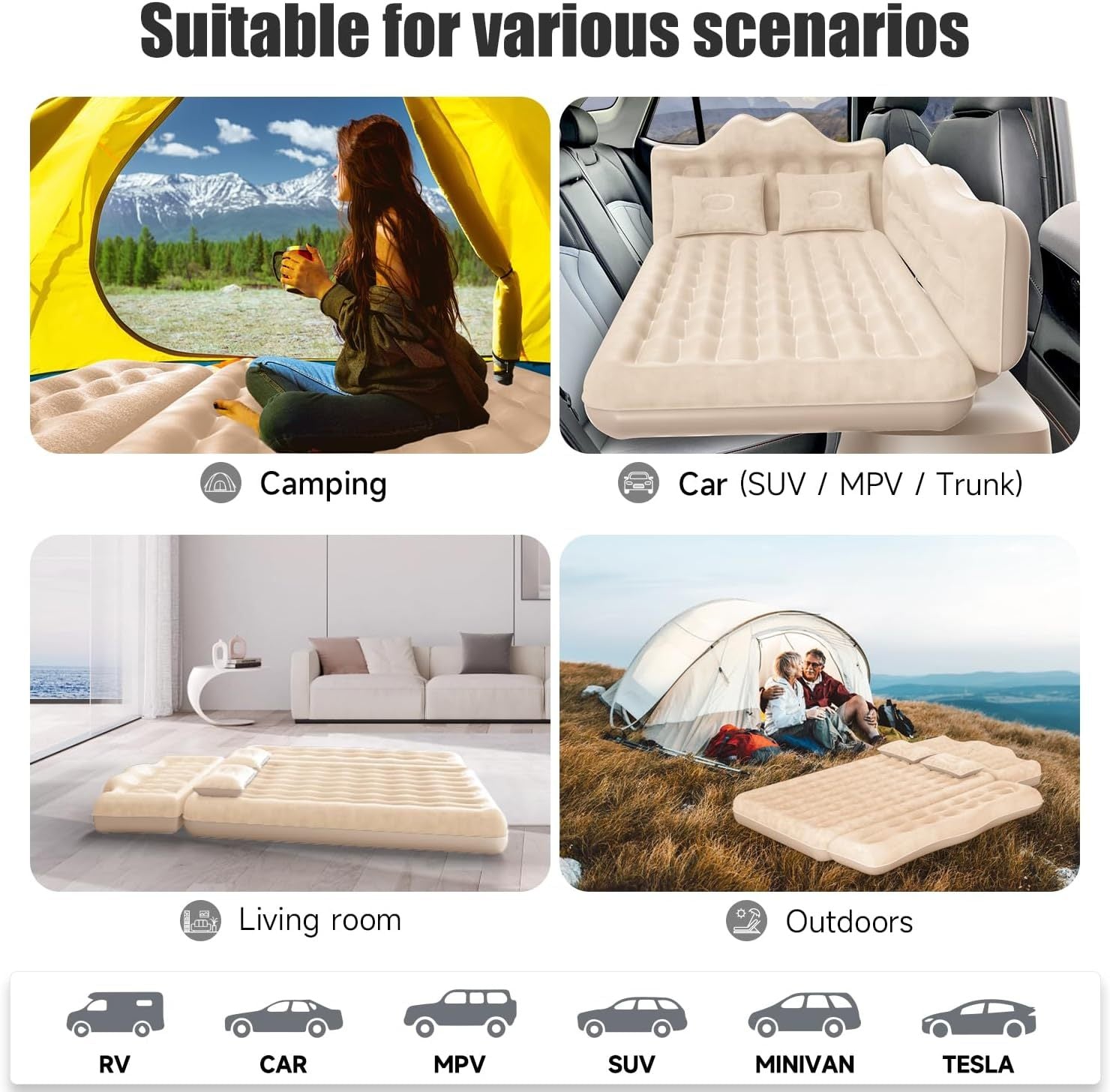Car Air Mattress, Inflatable SUV Truck Air Mattress Back Seat Camping Bed Thickened Car Sleeping Pad For Travel, Car Bed SUV Mattress With 2 Pillows - Enfance-Heureuse