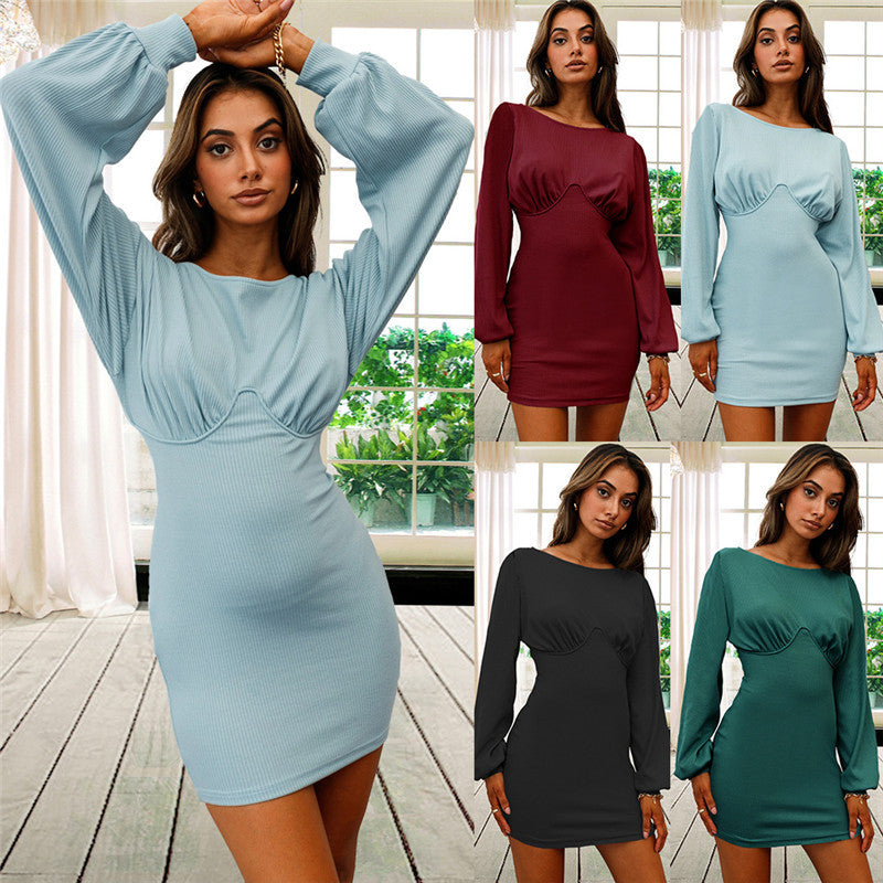 Knit Bottoming Long-sleeved Ribbed Sexy Slim Dress - Enfance-Heureuse