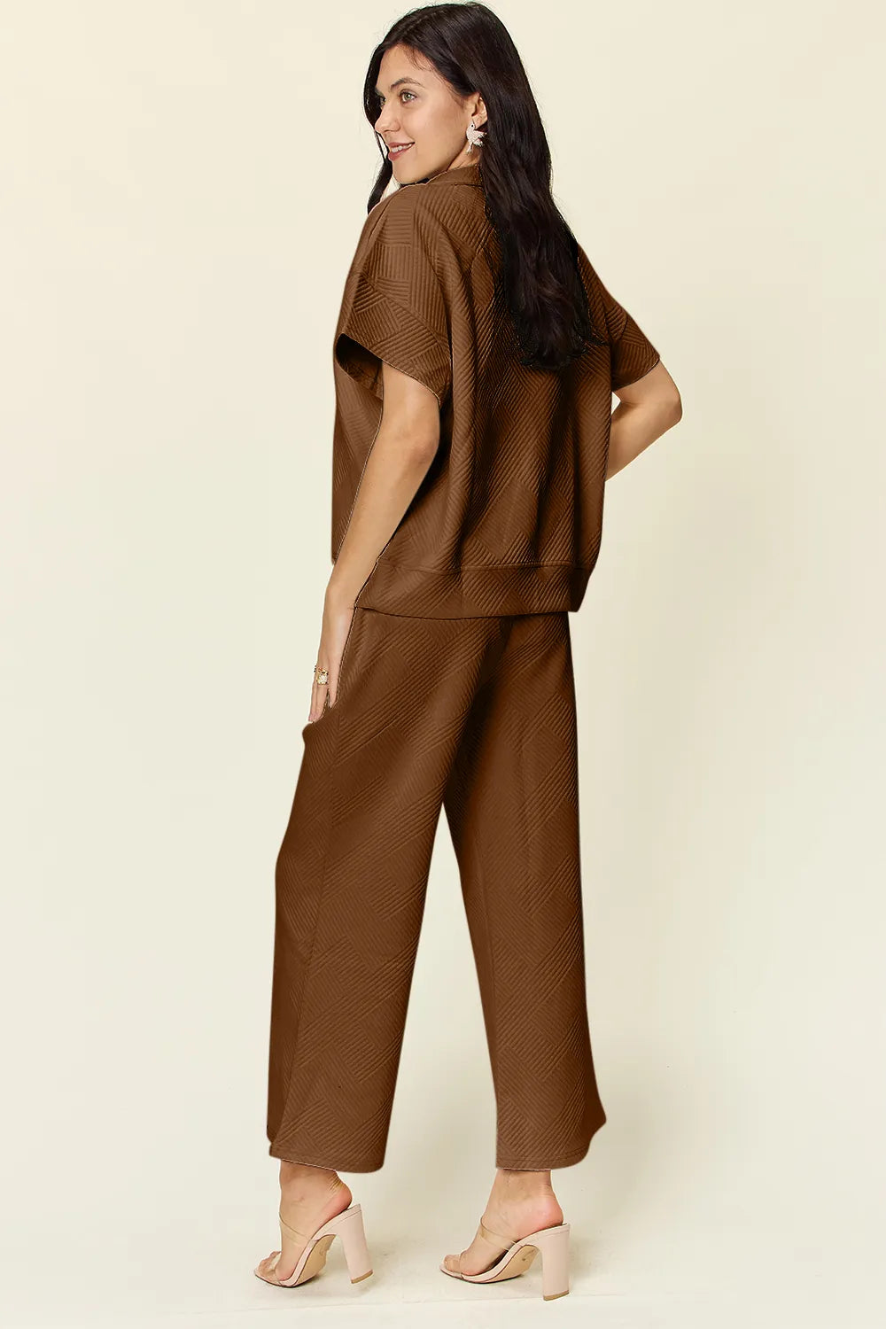 Double Take Full Size Texture Half Zip Short Sleeve Top and Pants Set - Enfance-Heureuse