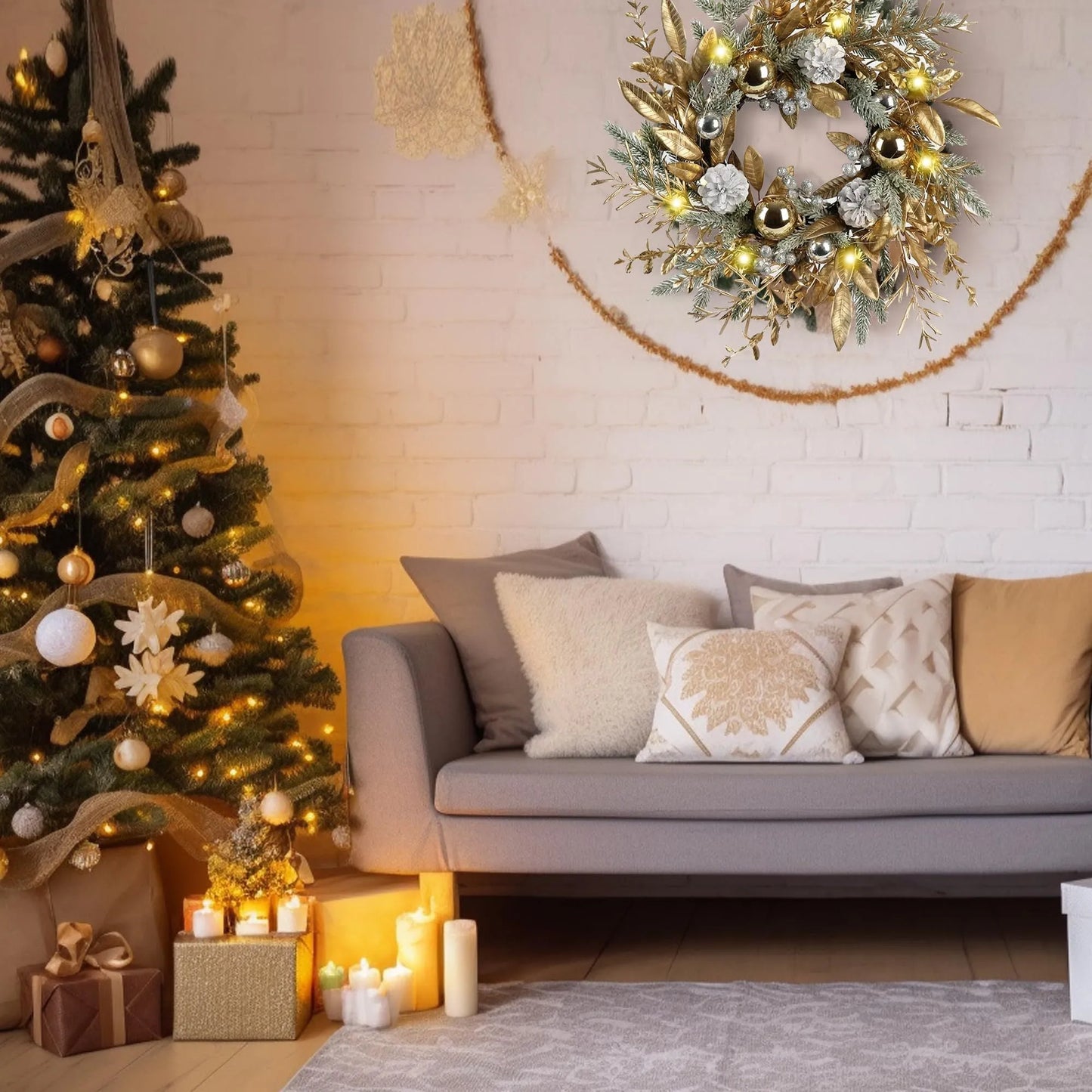 Christmas Wreath 20 Inch Christmas Door Decoration Garland With Warm Lights - Enfance-Heureuse