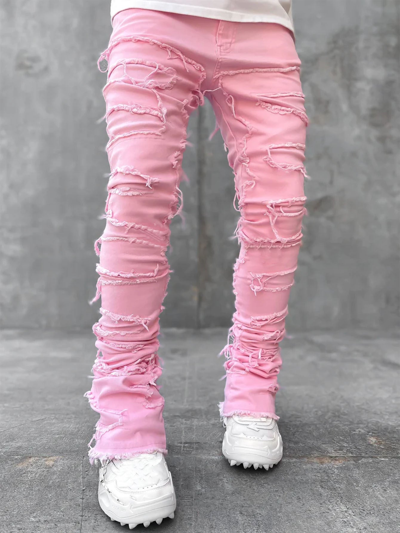 Men Trousers Individual Patched Pants Long Tight Fit Stacked Jeans For Mens Clothing - Enfance-Heureuse