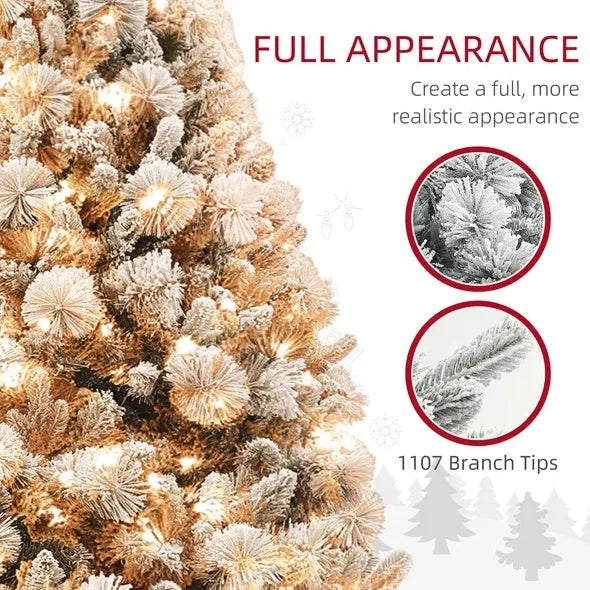 HOMCOM 6.5 Ft Pre-Lit Artificial Christmas Tree With 350 Clear Lights And 1107 Tips, Snow Flocked Christmas Tree With Metal Stand, Hinged Xmas Tree For Home Office Holiday, Green - Enfance-Heureuse
