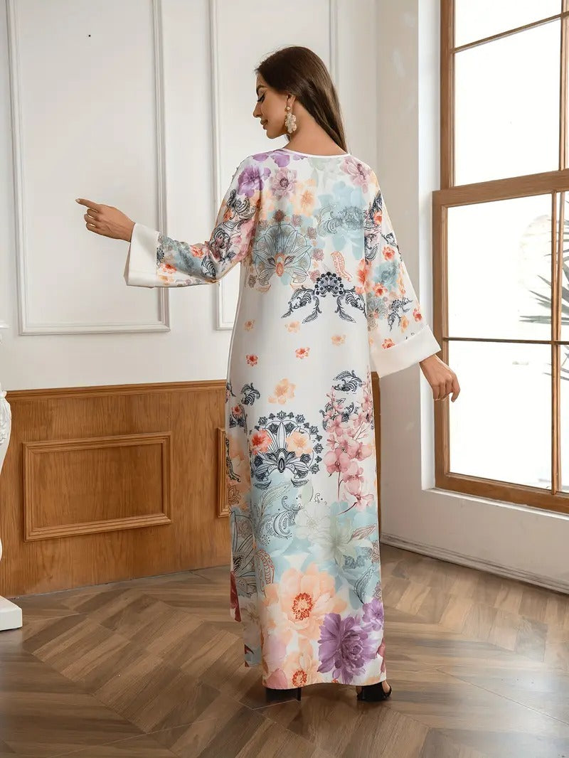 Elegant Floral Print Long Kaftan Dress - Enfance-Heureuse