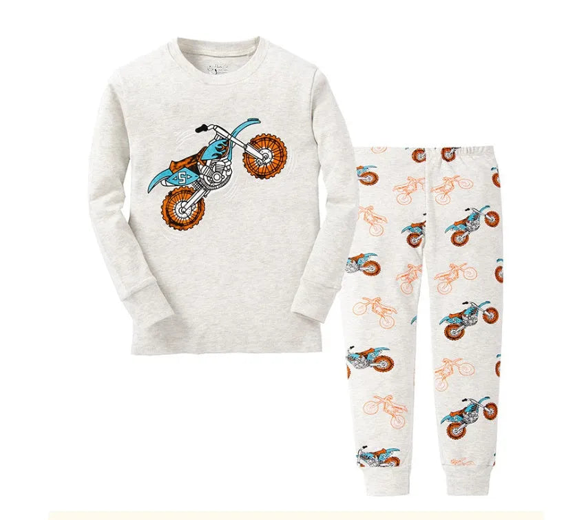Boys and girls white gray motorcycle, cotton long sleeve round neck suit - Enfance-Heureuse