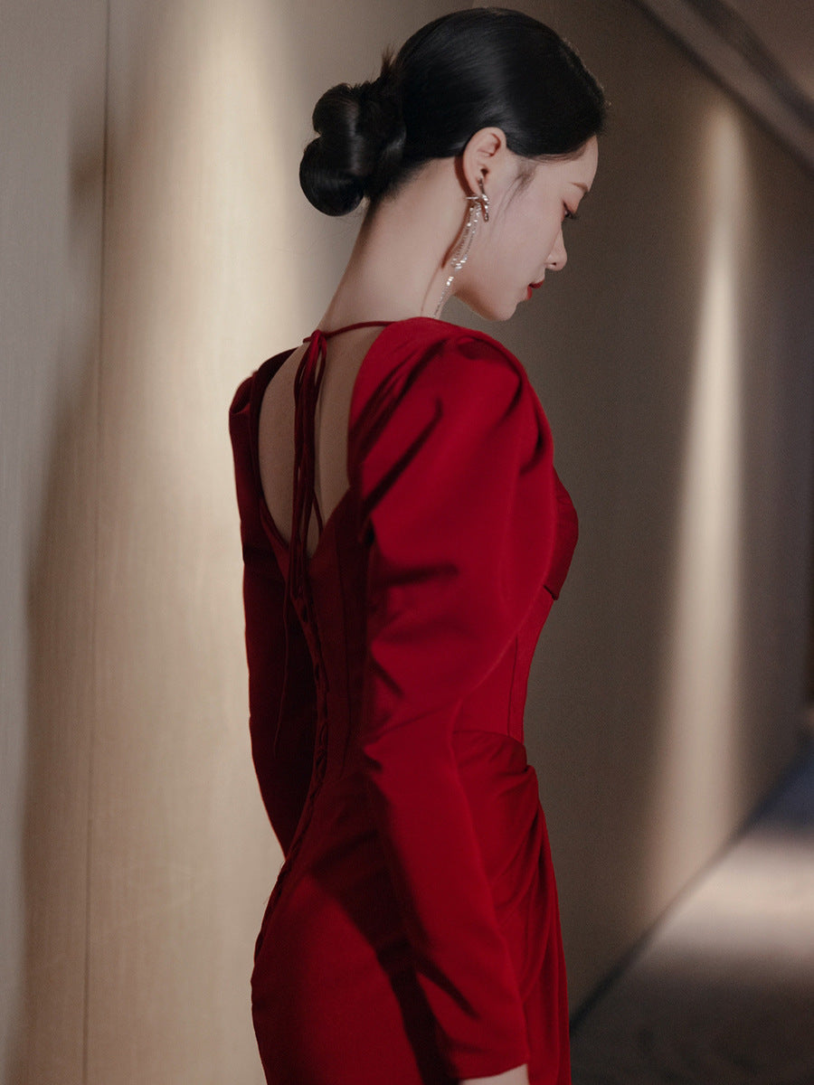 Bride Fishtail Square Collar Long Sleeve Design Simple Satin Evening Dress - Enfance-Heureuse