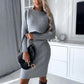 2pcs Suit Women's Solid Stripe Long-sleeved Top And Tight Suspender Skirt Fashion Autumn Winter Slim Clothing - Enfance-Heureuse