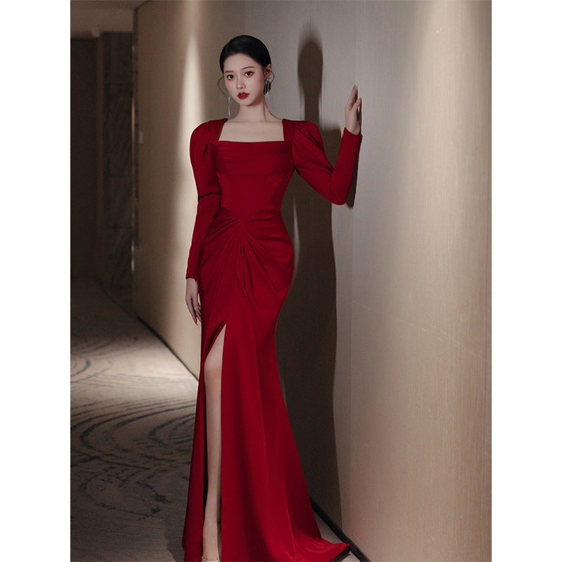 Bride Fishtail Square Collar Long Sleeve Design Simple Satin Evening Dress - Enfance-Heureuse