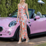 Floral Print Backless Front Slit Dress - Enfance-Heureuse