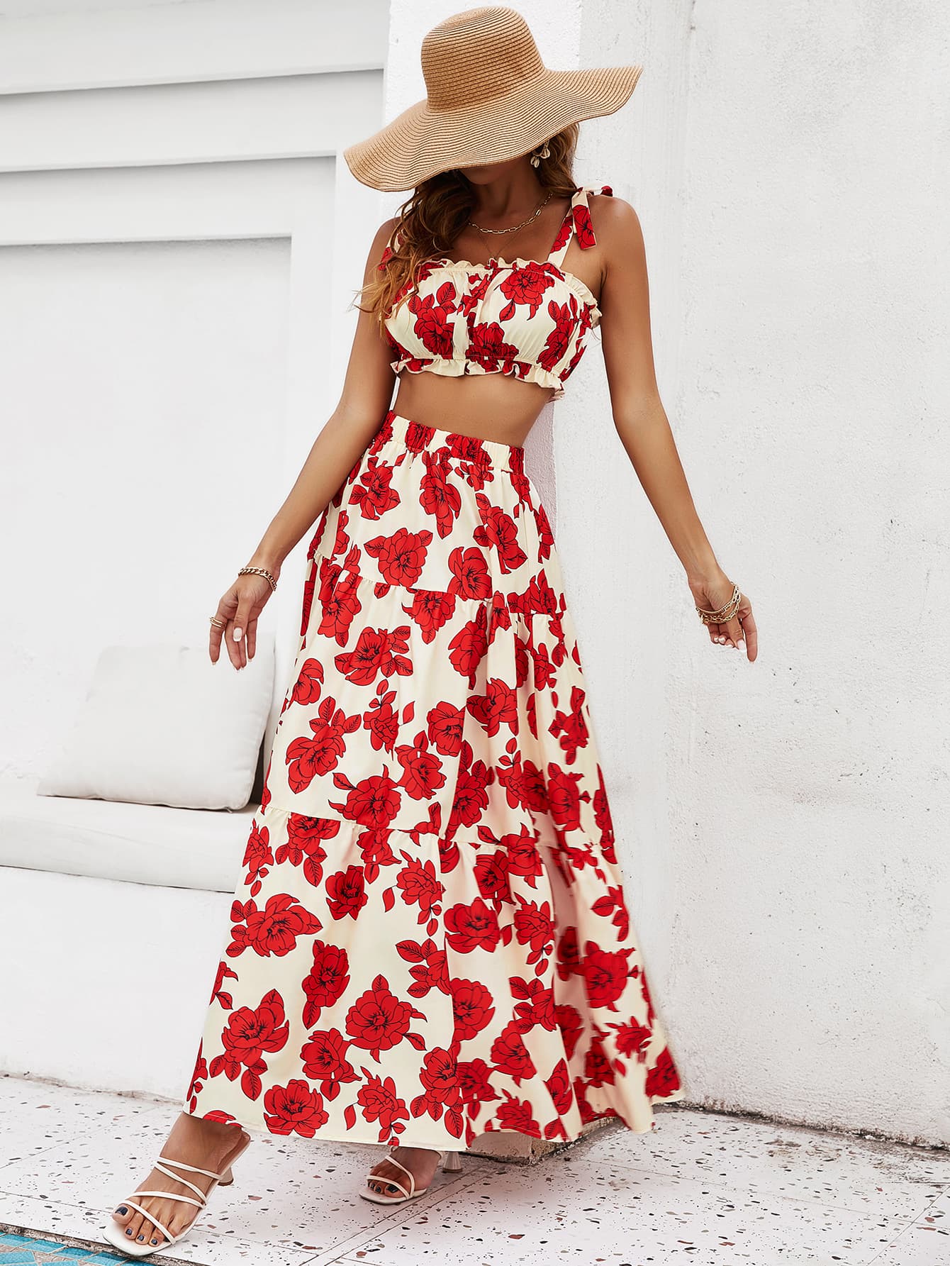 Honey Floral Tie Shoulder Top and Tiered Maxi Skirt Set - Enfance-Heureuse