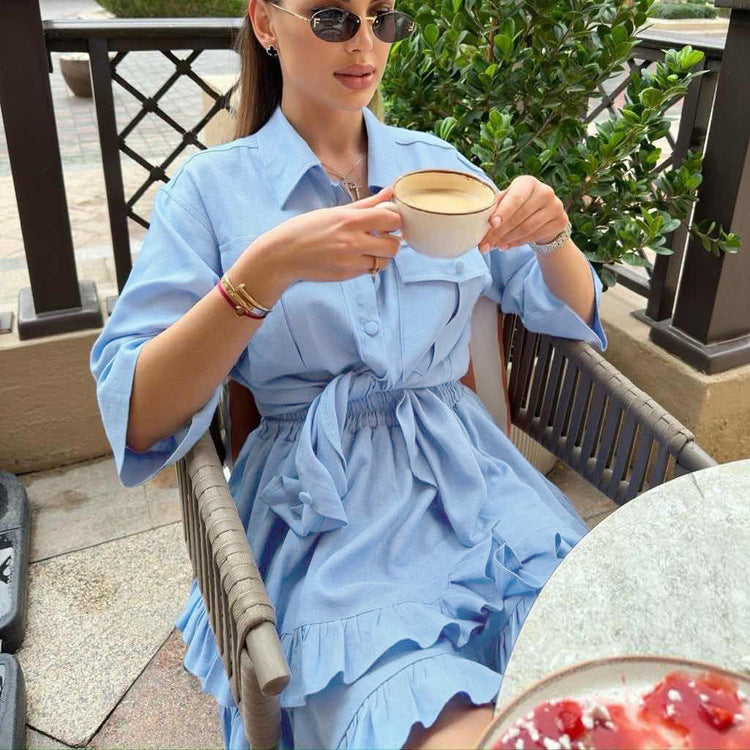 Ruffled Tiered Skirt Lapel Short-sleeved Shirt Two-piece Set - Enfance-Heureuse