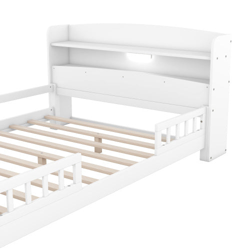 Wood Full Size Platform Bed With Built-in LED Light, Storage Headboard And Guardrail, White - Enfance-Heureuse