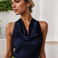 Women Solid Color Swing Collar Sleeveless Vest Trendy Elegant Shirt With Halter Neckline Backless Short Sleeve Tops Tshirts - Enfance-Heureuse