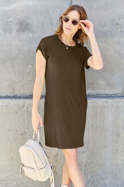 Basic Bae Full Size Round Neck Short Sleeve Dress with Pockets - Enfance-Heureuse