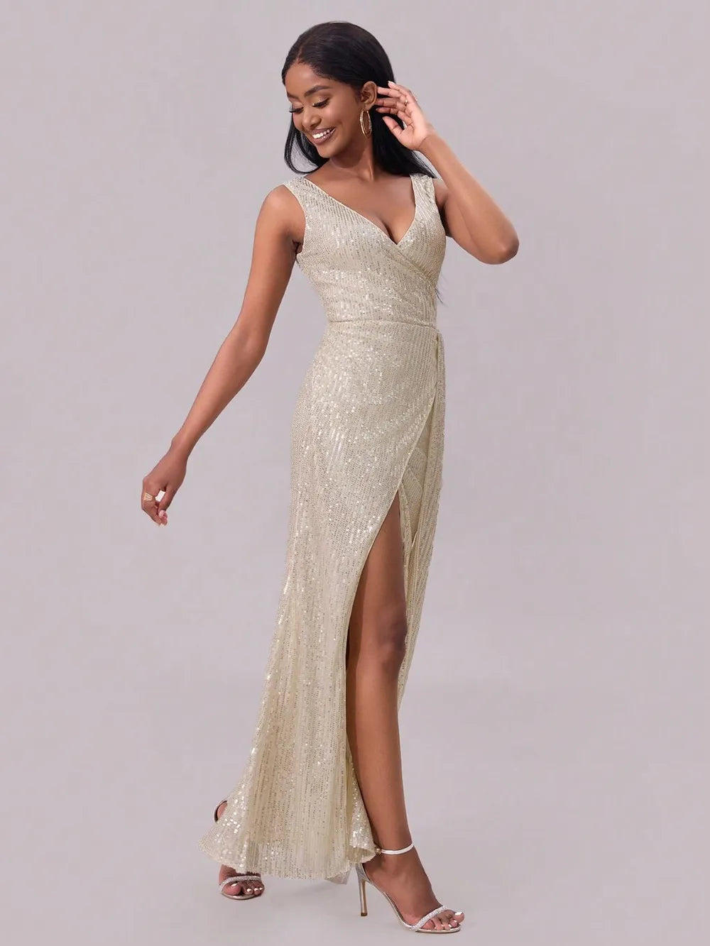 Slit Sequin Surplice Sleeveless Maxi Dress - Enfance-Heureuse