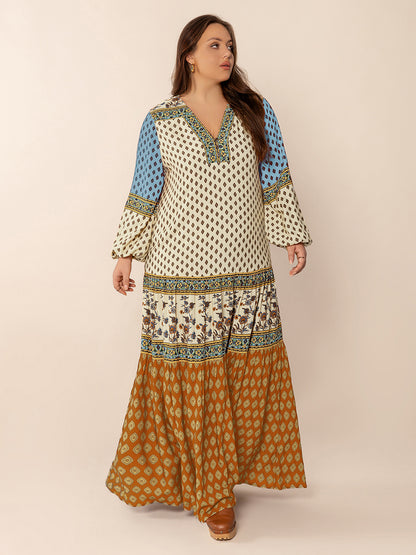 Plus Size Printed V-Neck Balloon Sleeve Maxi Dress - Enfance-Heureuse