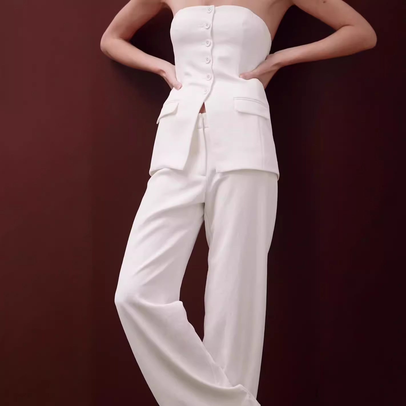 Graceful Tube Top Suit Fashion Button Sleeveless Top And Straight Pants Women's Trousers Set - Enfance-Heureuse