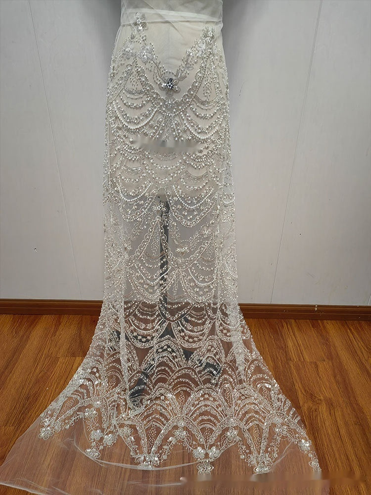 Wave Style Sequin Bead Lace Fabric Wedding Dress - Enfance-Heureuse