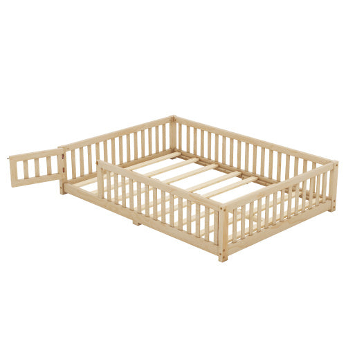 Full Size Bed Floor Bed With Safety Guardrails And Door For Kids, Natural - Enfance-Heureuse