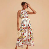 Women's Floral Print Lace-up Sleeveless Mid-length Dress - Enfance-Heureuse