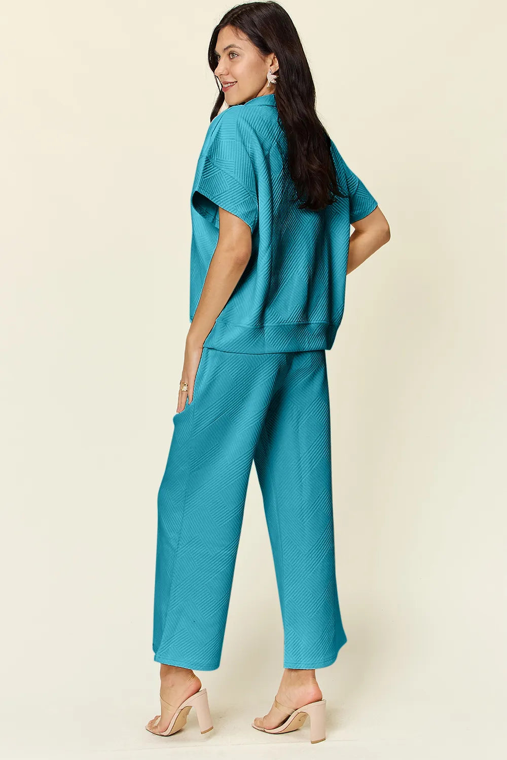 Double Take Full Size Texture Half Zip Short Sleeve Top and Pants Set - Enfance-Heureuse