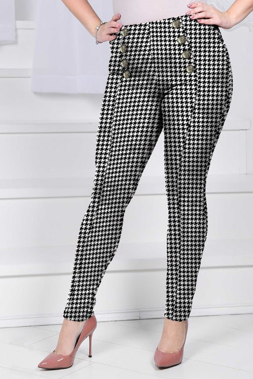 Ladies' Thousand Bird Grid Design Button Casual High Waist Slimming Pants - Enfance-Heureuse