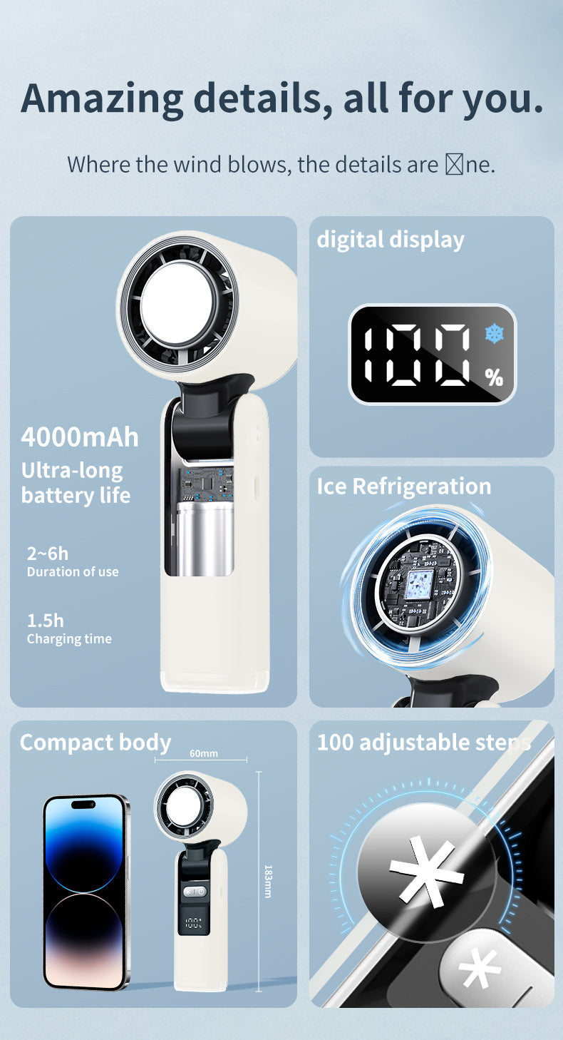 Portable Handheld Fan, Speed Adjustable Turbo Mini Fan, Reduced Temperature Mode, Rechargeable Digital Display Foldable Personal Fan With Night Light, Suitable For Women Men Outdoor - Enfance-Heureuse