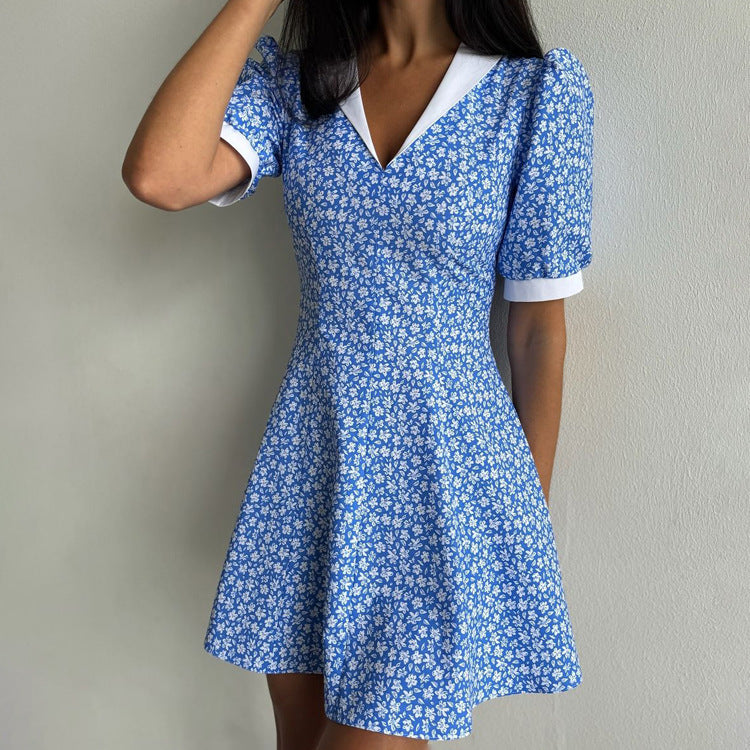 Lapel High-waist Blue Floral Dress - Enfance-Heureuse