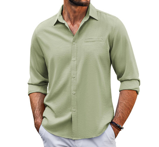 Chemise décontractée à manches longues avec poche, col polo en dentelle, couleur unie, boutons, vêtements pour hommes