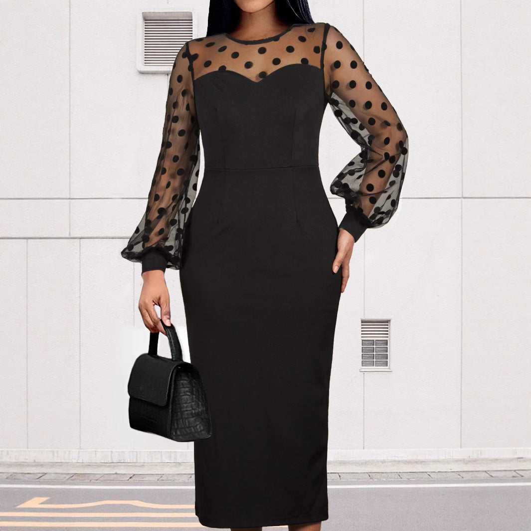 Women's Clothing Dot Mesh Patchwork Waist-slimming Sheath Long Sleeve Dress