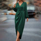 Women's Solid Color V-Neck Long Sleeve Dress With Elastic Cuffs & Asymmetrical Hem Draped Party Dress For Spring&Fall