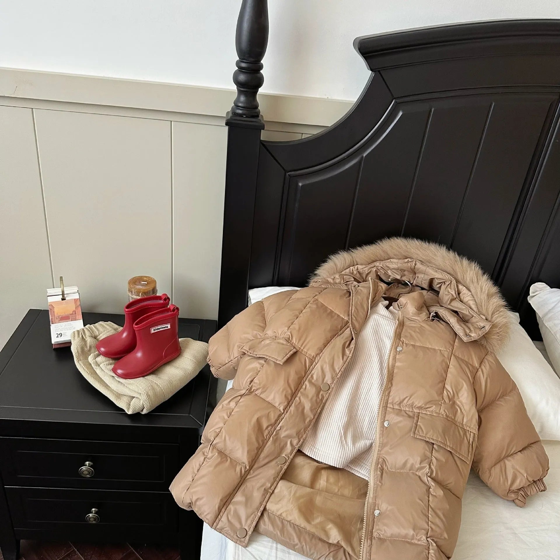 Solid Color Fur Collar Down Jacket Baby Long Section - Enfance-Heureuse