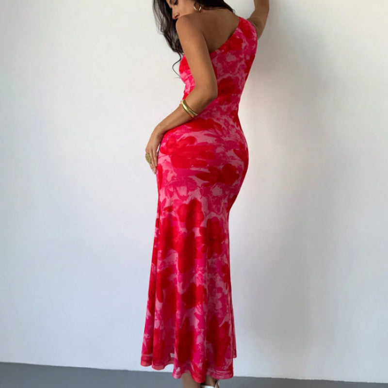 Robe à bretelles avec ceinture et imprimé à motifs irréguliers de style européen et américain pour femmes