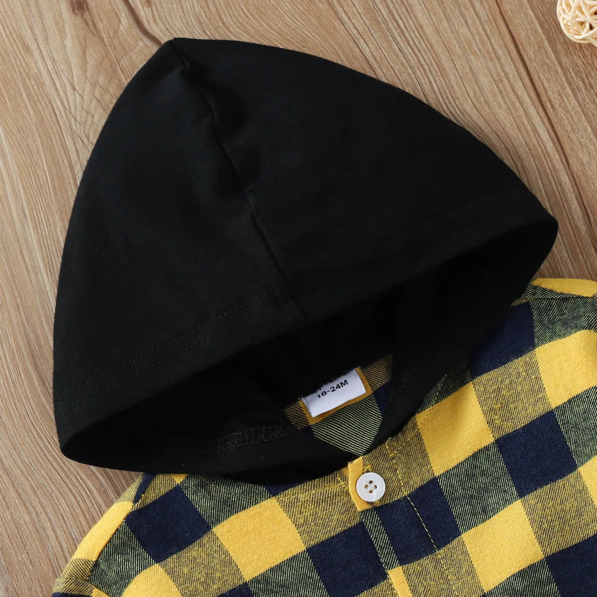 Hooded Plaid Sleeves Single Breasted Top Boys Middle Child Shirt Jacket - Enfance-Heureuse