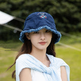 Japanese Shark Cartoon Bucket Hat Washed Denim Big Head Circumference Sun-proof Basin Hat
