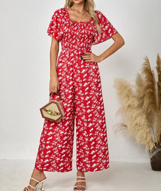 Ladies' Printed Square Neck Fashionable Loose Vacation Style Jumpsuit - Enfance-Heureuse