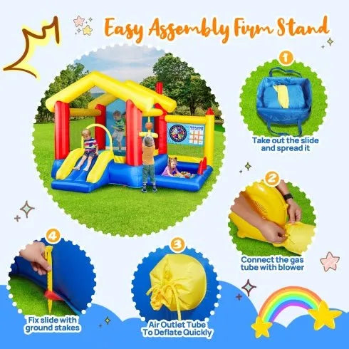 8 In 1 Inflatable Bounce House With Blower Basketball Hoop Ocean Balls Ring-toss Game Target And Sticky Ball Game For Kids - Enfance-Heureuse
