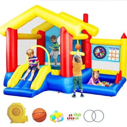 8 In 1 Inflatable Bounce House With Blower Basketball Hoop Ocean Balls Ring-toss Game Target And Sticky Ball Game For Kids - Enfance-Heureuse