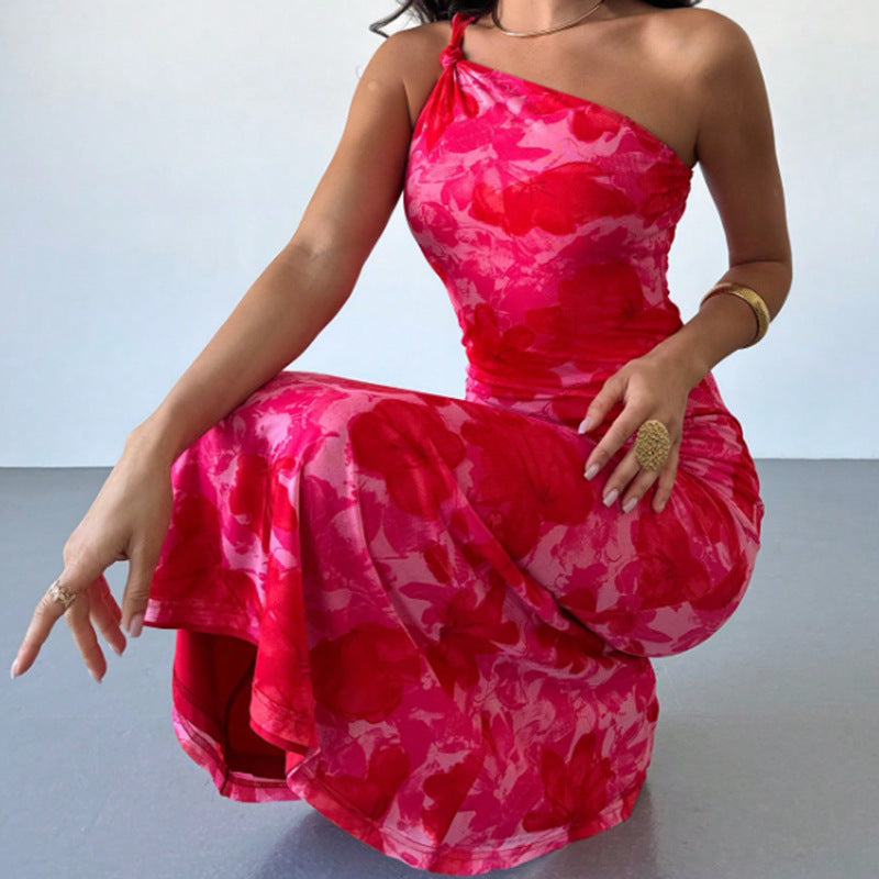 Robe à bretelles avec ceinture et imprimé à motifs irréguliers de style européen et américain pour femmes