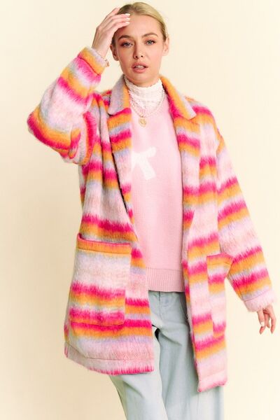 Davi & Dani Contrast Striped Open Front Coat with Pockets - Enfance-Heureuse