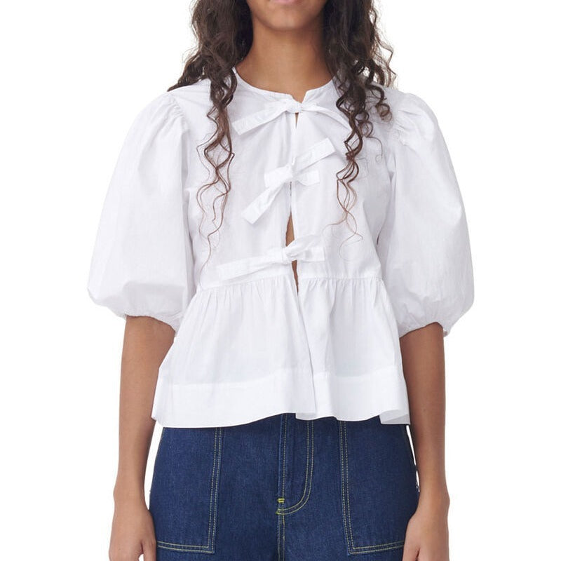 Fashion Printed Shirt Half Sleeve Lace-up Top